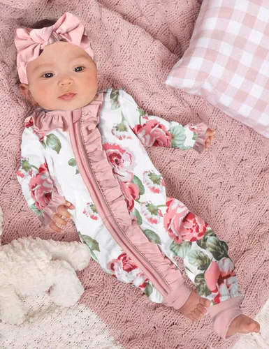 Vista 3 de Ropa de bebé recién nacida para bebé niña de manga larga con volantes y diadema