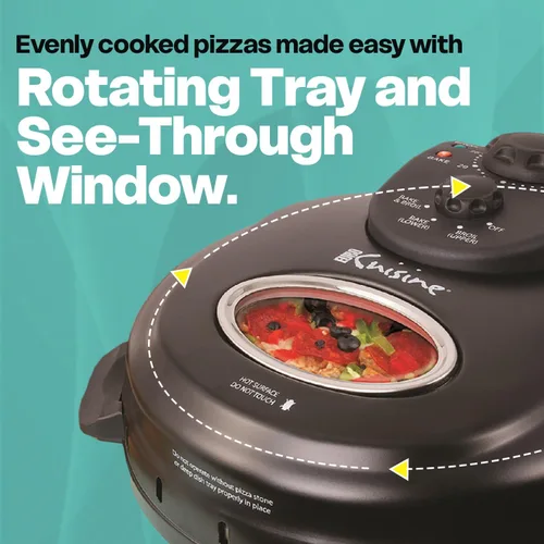Vista 2 de Euro Cuisine PM600 - Máquina de pizza giratoria de 12 pulgadas con piedra y bandeja para hornear, encimera de pizza eléctrica, versátil máquina