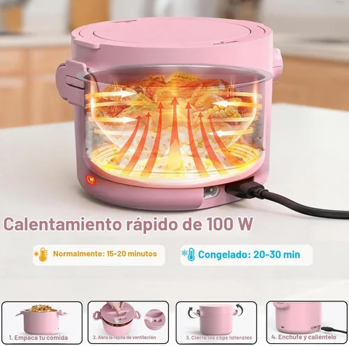 Vista 3 de Lonchera eléctrica de 100 W, calentador portátil de alimentos de 33 onzas, color rosa A-Rosa-33oz