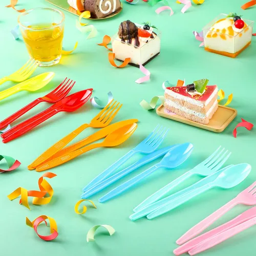 Vista 3 de Cubiertos de plástico desechables con diseño de arcoíris (180 unidades) Includes Forks Spoons Knives cutlery , colorful Utensils Party Supplies