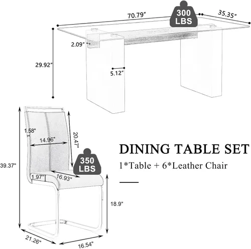 Vista 2 de Juego de mesa de comedor de vidrio de 71 pulgadas para 6, mesa de comedor para 6, mesa de vidrio templado con marco de MDF blanco y 6 sillas