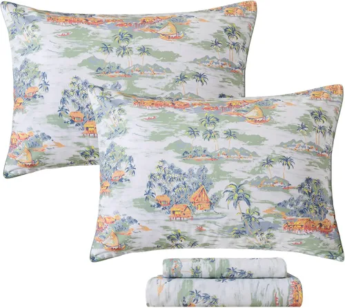 Vista 16 de FADFAY Juego de sábanas Queen con temática de playa, 100% algodón, ropa de cama costera súper suave, ropa de cama náutica de conchas marinas y Aqua
