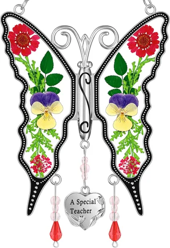 Vista 5 de KY &BOSAM - Atrapa luz de vitral con mariposa de color, con la frase A special teacher. Campanilla para el viento, como regalo para la profesora