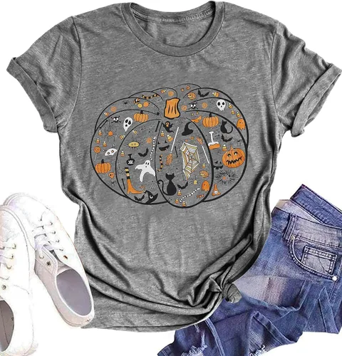 Vista 24 de Woffccrd - Camisetas divertidas con estampado de calabaza y leopardo para mujer, camisetas gráficas de manga corta de Halloween para mujer
