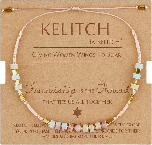 Vista 2 de KELITCH Pulsera de la amistad de ágata de cristal, hecha a mano, pulseras ajustables para mujer Beige