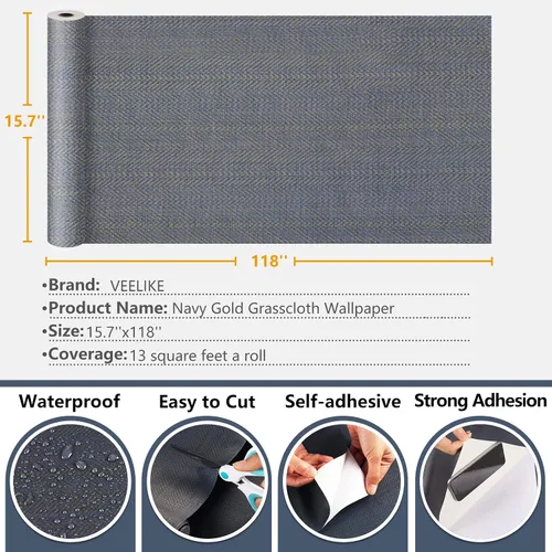Vista 8 de VEELIKE Papel tapiz de tela sintética con textura de 15.7 x 118 pulgadas, papel tapiz autoadhesivo de tela impermeable, papel de contacto
