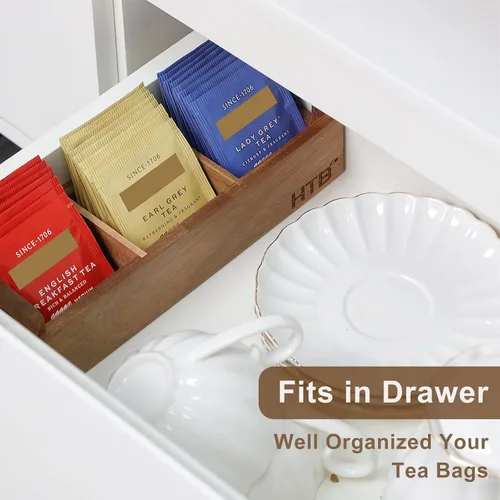 Vista 8 de HTB Caja Pequeña de Bolsitas de Té de Madera, 3 Compartimentos, Cofre de Bolsitas de Té de Madera de Acacia con Asa, Mini Contenedor