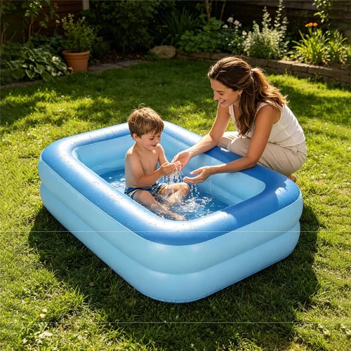 Vista 4 de HIWENA Piscina inflable para niños, 45 x 35 x 14 pulgadas, piscina azul para niños, bañera de verano con suelo suave inflable