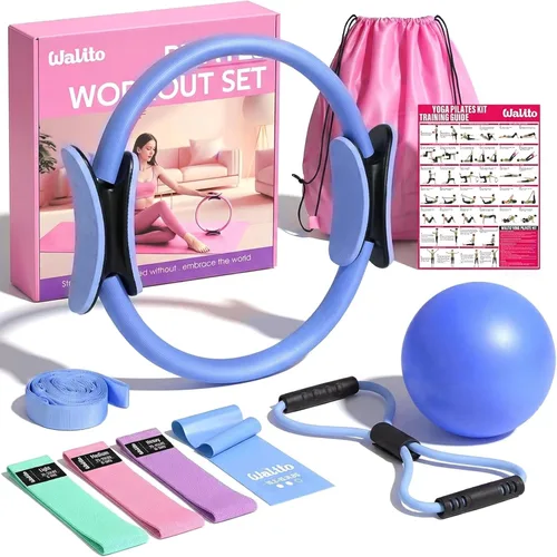 Vista 10 de WALITO Kit de Pilates para el Hogar para Mujeres, Juego de Anillo de Pilates con Círculo Mágico, Bandas de Resistencia, Bandas de Ejercicio Figura