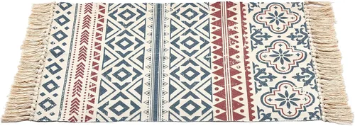 Vista 2 de Winwinplus Alfombra de algodón tejida a mano retro bohemia con borlas, alfombra geométrica para el suelo, sala de estar, dormitorio, decoración