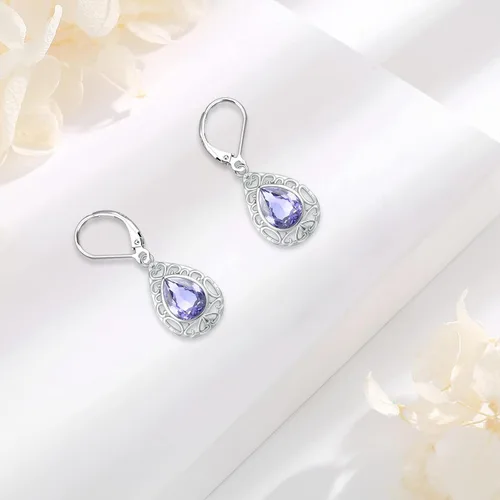 Vista 327 de Aretes colgantes de plata de ley con diseño de árbol de la vida, flor, abeja, animales, gato, colibrí, piedra lunar, turquesa, aretes con cierre