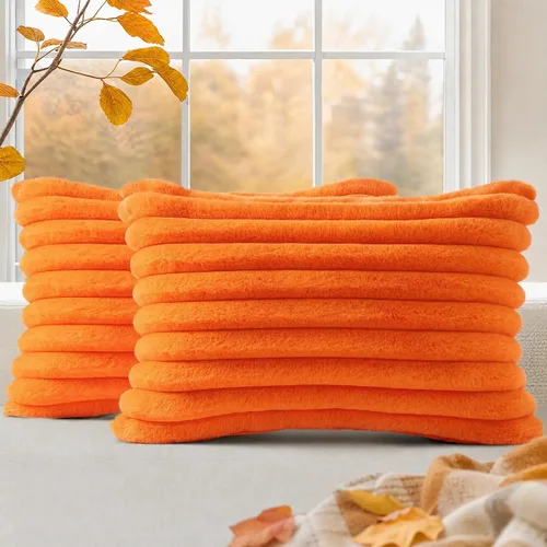 Vista 50 de decorUhome Fundas de almohada de piel sintética, juego de 2, decorativas, afelpadas, suaves, afelpadas, a rayas, parte posterior de terciopelo