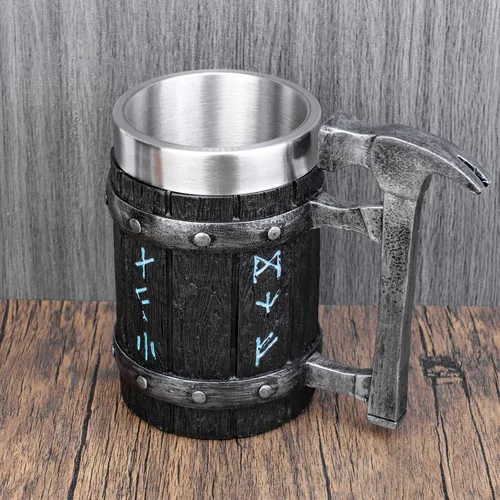 Vista 7 de KTOTKMOTA Taza de martillo de runa vikinga nórdica, vaso de acero inoxidable con revestimiento de resina para cerveza, decoración nórdica, madera