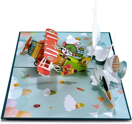 Vista 4 de ETA Tarjeta desplegable de Pascua 3D, conejito de Pascua en un avión, tarjeta de felicitación festiva, linda, divertida, tarjeta desplegable