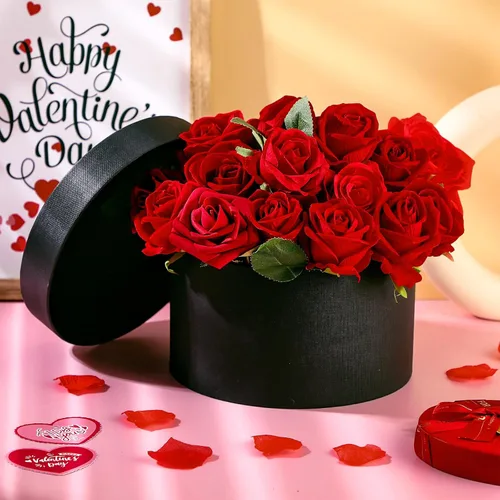 Vista 4 de Nuenen Caja de regalo redonda con tapa y juego de espuma floral, negro, 2 piezas, cajas de regalo para flores para el día de la madre, dama