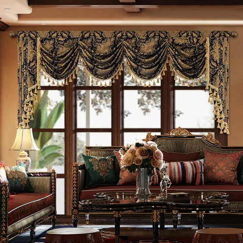Vista 16 de Loom and Mill Cenefa de cascada de lujo de jacquard para sala de estar, elegantes cenefas de ventana con festones y cuentas damascadas, cortinas
