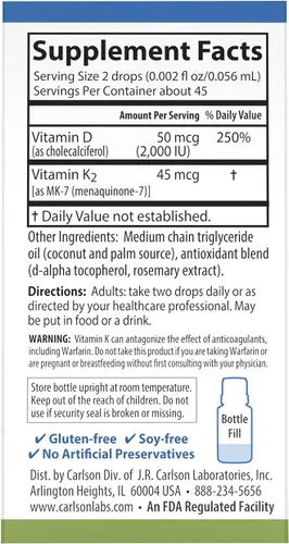 Vista 3 de Carlson - Super Daily D3 + K2, 50 mcg D3 + 45 mcg MK-7, salud del corazón y los huesos, 90 gotas líquidas, 0.08 onzas líquidas