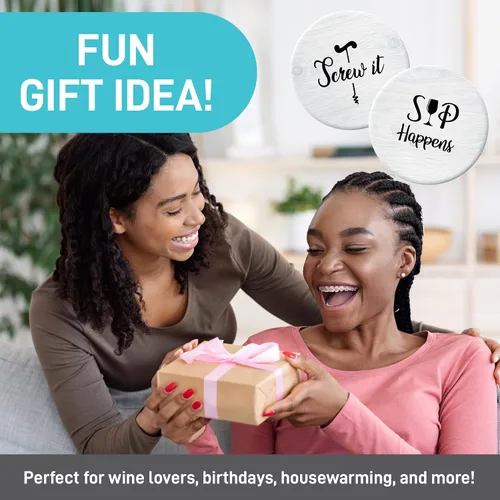 Vista 7 de Posavasos para bebidas absorbentes con soporte, juego de regalo de 6 piezas con 6 frases divertidas para amantes del vino, piedra de cerámica