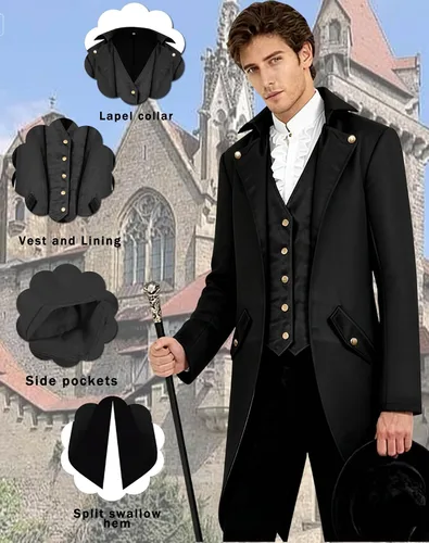 Vista 2 de SIAEAMRG Renaissance Pirate Gothic Tailcoat Jackets Halloween Costumes Men Negro