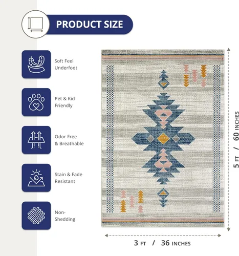 Vista 2 de Abani Porto Collection - Alfombra rectangular de 3 x 5 pies, alfombra decorativa rectangular con estampado tribal beige turco y azul