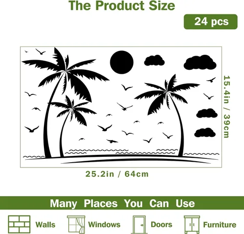Vista 4 de PLIGREAT Calcomanías de pared de playa, calcomanías de pared de gaviotas de cocoteros, calcomanías artísticas para despegar y pegar para decoración