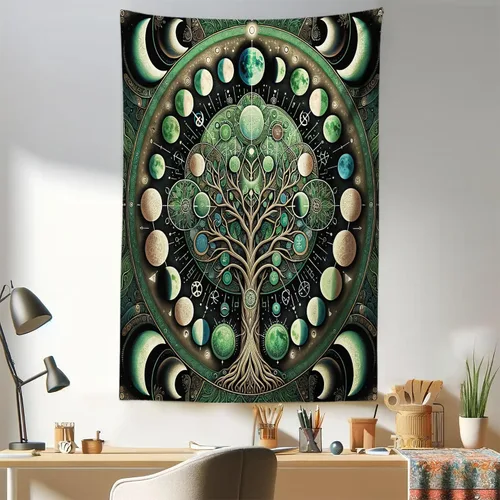 Vista 114 de Ambesonne Tapiz verde, fases lunares alrededor de un árbol de la vida, impresión de diseño bohemio de astrología nocturna, decoración de tela