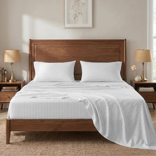 Vista 53 de LANE LINEN Sábanas de cama individual – 450TC algodón peinado de fibra larga de alta calidad, color blanco Soft & Breathable Twin Sheet &