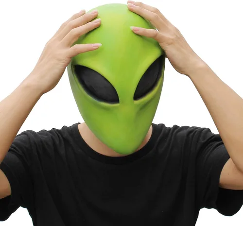 Vista 7 de PartyHop Máscara de cabeza de alienígena verde, máscara de látex para disfraz de fiesta de Halloween