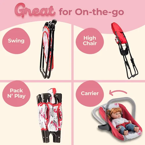 Vista 4 de Litti - Juego de accesorios para muñecas de bebé de 18 pulgadas con columpio, cuna, silla alta y portador, muebles de juguete realistas