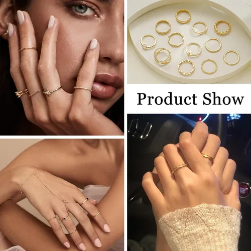 Vista 2 de FAXHION 12 piezas de anillos delicados de oro de 14 quilates para mujer, diseños cruzados de diamante simulado con giro grueso abierto de eternidad