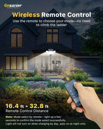 Vista 5 de Ensenior Luces solares para exteriores de 2600 lúmenes, luz exterior con sensor de movimiento y control remoto, impermeable IP65, 279 LED, 4
