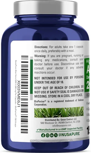 Vista 3 de NusaPure Aloe Vera, 200 mg, 150 cápsulas vegetales (sin OMG, vegano)