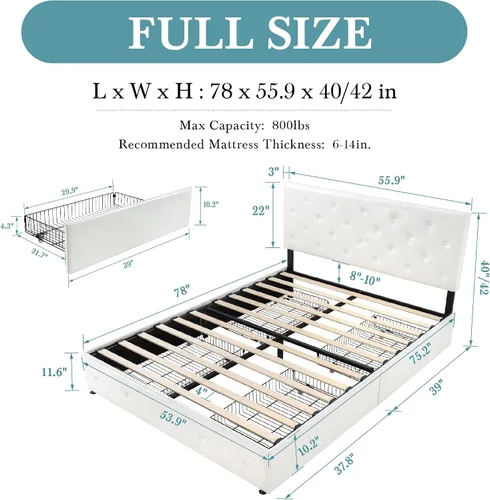 Vista 2 de HOOMIC Base de cama de almacenamiento de plataforma de tamaño matrimonial con 4 cajones y cabecera ajustable, listones de madera, no necesita Blanco