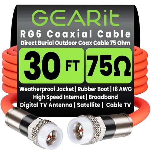 Vista 16 de GEARit Cable coaxial para enterramiento directo (15 pies) RG6 70 ohmios RF impermeable subterráneo en pared con protector de goma, Internet de alta