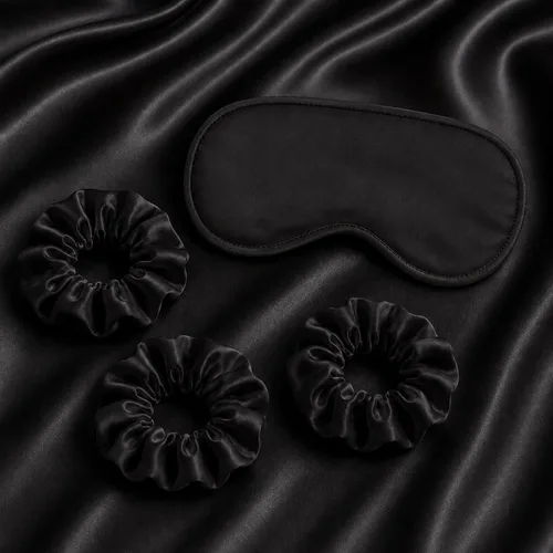 Vista 5 de Cathay Home Juego de accesorios de ropa de cama de satén, fundas de almohada, máscara de ojos, coleteros, suave como la seda, resistente a las Negro