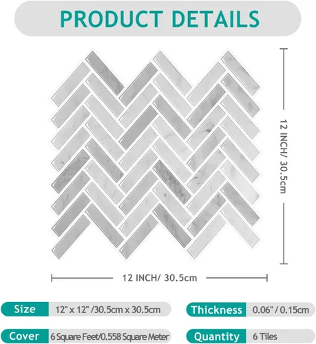 Vista 8 de VEELIKE Azulejos de mármol gris para salpicaduras de pared en muro de cocina en muro de espiga para despegar y pegar, impermeables, 6 hojas
