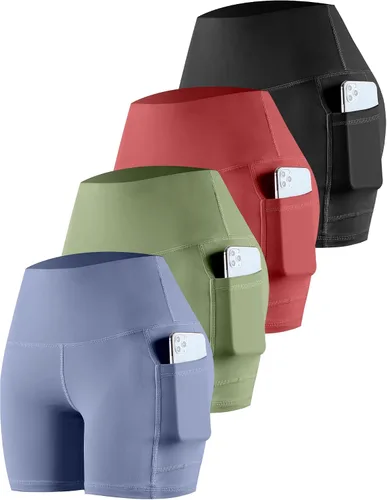 Vista 52 de CHRLEISURE - Pantalones cortos de ciclismo para mujer con bolsillos de licra, cintura alta, con control de abdomen para entrenamiento, yoga