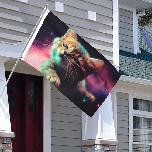 Vista 6 de Bandera de jardín impresa con diseño de gato y galaxia de 3 x 5 pies, bandera para exteriores, bandera de brisa, banderas a prueba de decoloración