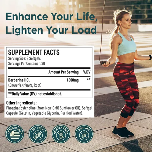 Vista 2 de Berberina liposomal HCl 1500 mg - Suplemento de berberina activa AMPK - Apoya el equilibrio corporal en mujeres y hombres - Probado por terceros