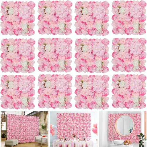 Vista 12 de Telón de fondo de pared de flores, 12 piezas de 16.5 x 16.5 pulgadas, panel de pared floral de rosa de seda artificial, decoración de pared ideal