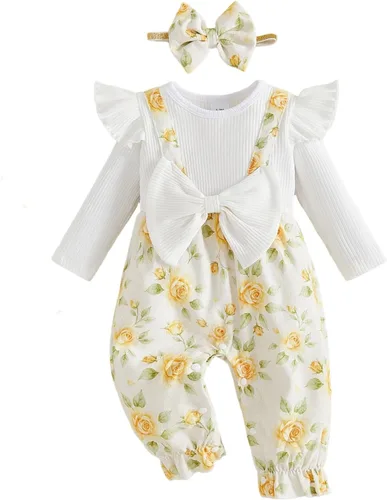 Vista 15 de YINGISFITM Mameluco floral de dos piezas para bebé recién nacida Azul