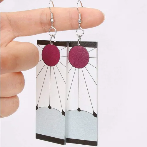Vista 4 de Pendientes Tanjiro y Hanafuda, pendientes de acrílico, aretes de anime Kimetsu No Yaiba Cosplay