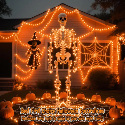Vista 7 de Guirnalda de luces naranjas de Halloween, funciona con pilas, 7.2 pies, 20 luces LED, alambre de cobre plateado para Halloween, Navidad, decoración