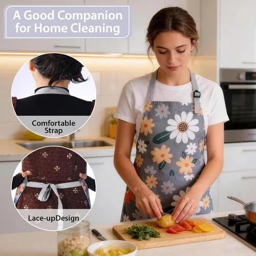Vista 3 de 3 Pack Floral Apron for Women with Pockets, Adjustable Aprons for Women for Kitchen Cooking