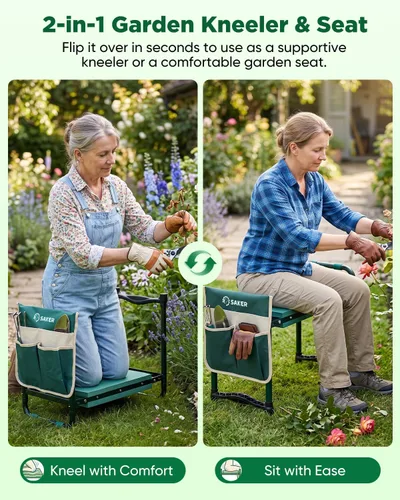 Vista 2 de Saker Taburete de jardín con soporte resistente de 400 libras, asiento de jardín plegable para plantar malezas, prácticos accesorios de jardinería