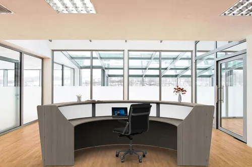 Vista 2 de Linea Italia Oficina curvada, transparente, fácil de montar, mostrador de recepción de 3 paneles para vestíbulo, salón, 142 x 71 pulgadas
