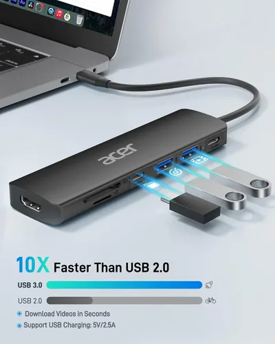 Vista 3 de Acer USB C Hub, Dock USB-C a HDMI 7 en 1, 2 USBA 3.1 GEN1 y puerto de datos Type-C de 5Gbps, puerto HDMI 4K, carga PD de 100W, lector de tarjetas