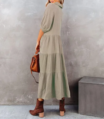 Vista 3 de R.Vivimos - Vestido informal de verano para mujer, vestido de algodón con media manga y botones, de corte suelto, por debajo de la rodilla