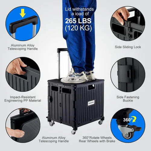 Vista 3 de MACOPRO Carrito Utilitario Plegable Portátil Carro Rodante Caja Carrito de Mano Carrito de Compras Trolley Caja de Herramientas Plegable, con Tapa