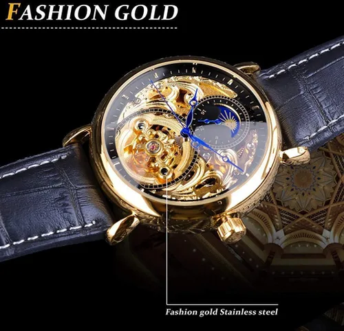 Vista 5 de Relojes automáticos para hombre, reloj de esqueleto Tourbillon dorado, fase lunar, impermeable, de acero inoxidable